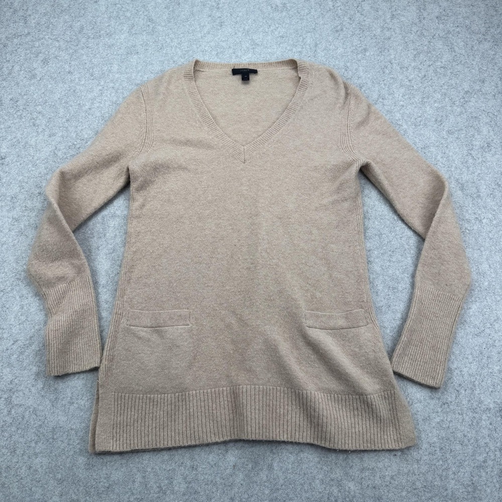 J.Crew Sweater Womens XS Beige V Neck Tunic Knit Pockets Wool Blend Pullover